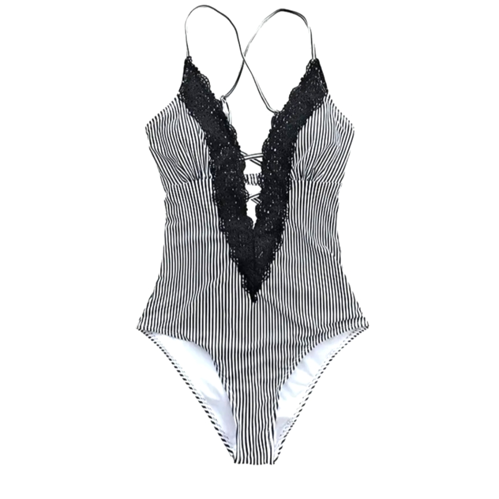 Cupshe One-piece Swimsuit Black Stripes with Laces